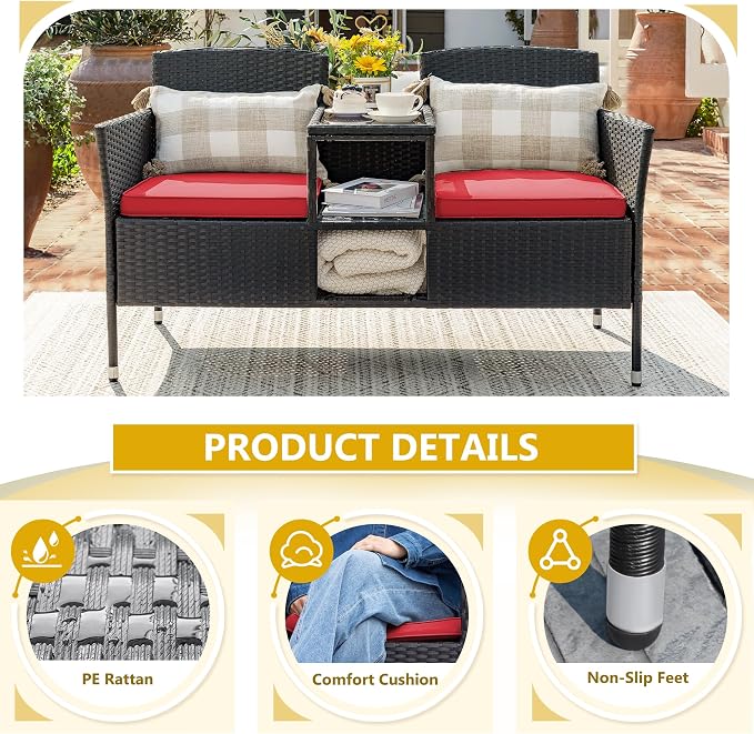 Devoko Outdoor Patio Loveseat Modern Rattan 2-Seat Patio Conversation Set - Image 4