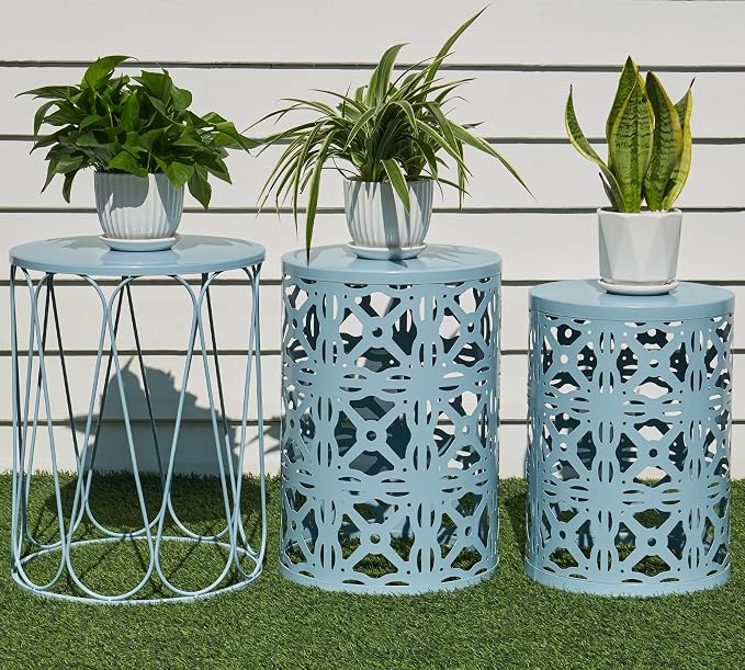 HFHOME Set of 3 Metal Outdoor Side Table, Nesting Round Coffee Table by HFHOME
