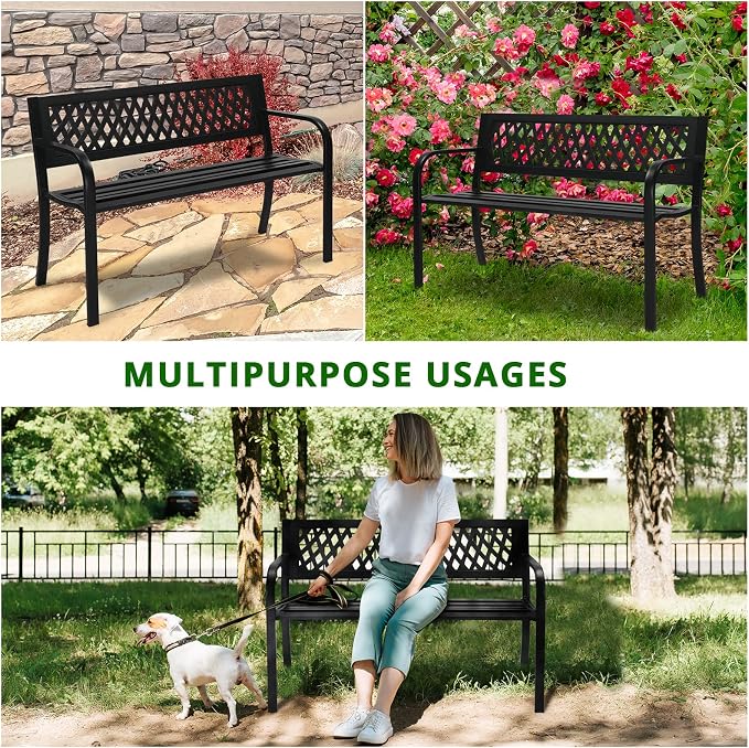 47in Outdoor Garden Park Bench, Outdoor Metal Porch Benches, Weatherproof Patio - Image 5