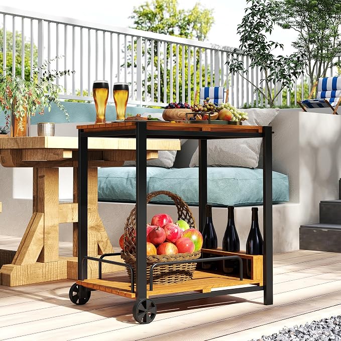 Outsunny Acacia Wood Outdoor Bar Cart, Rolling 2-Tier Outdoor Bar Table - Image 8