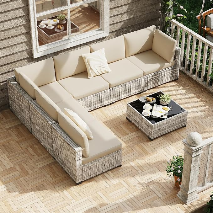 KIGOTY Patio Furniture Set, 7 Pieces Modular Outdoor Sectional Sofa, PE Rattan - Image 2