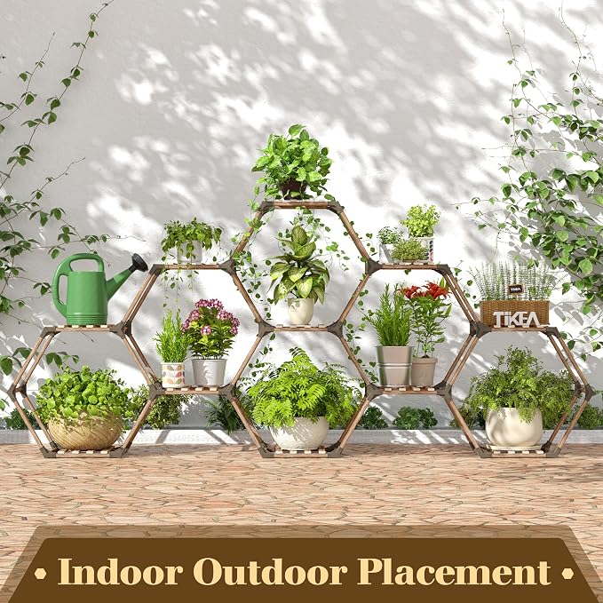 Tikea - Hexagonal Plant Stand Indoor Outdoor Large 11 Tiered Wooden Plant Shelf - Image 3