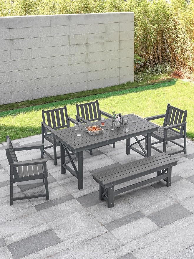HDPE Outdoor Dining Set of 6, Patio Dining Table Set - Image 9