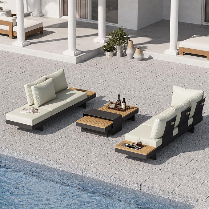 homary 6 Piece Aluminum & Teak Outdoor Sofa Set, Patio Sofa Seat L-Shaped - Image 8