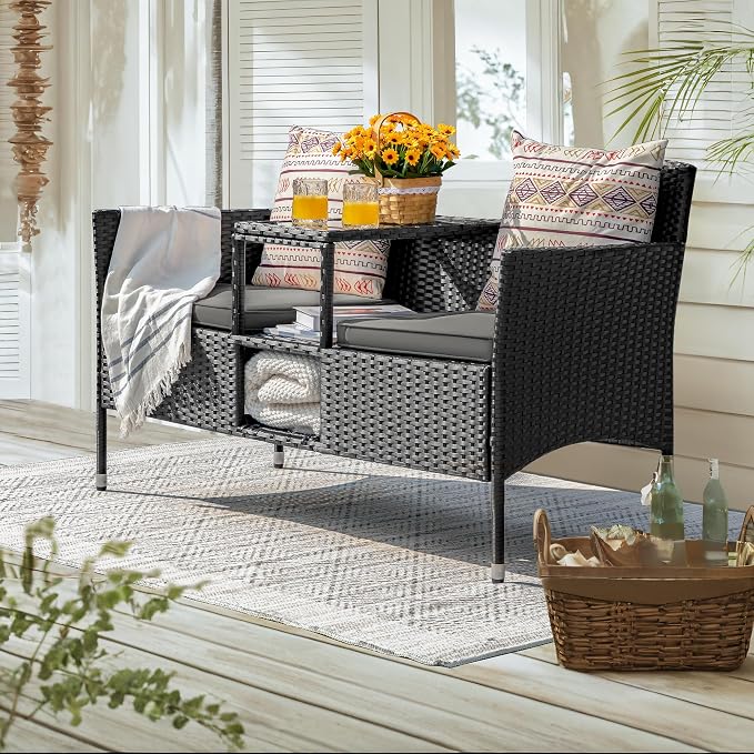 Devoko Outdoor Patio Loveseat Modern Rattan 2-Seat Patio Conversation Set - Image 7