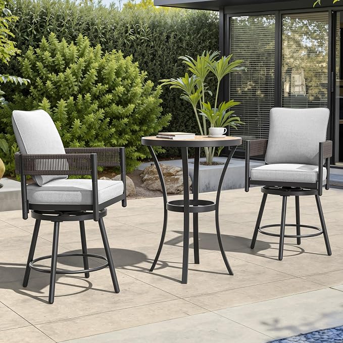 Grand patio Outdoor Swivel Bar Stools Set of 3, Metal Frame & Curved Woven - Image 2