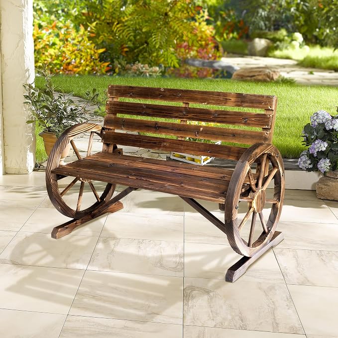 Outsunny 41" Wooden Wagon Wheel Bench, Rustic Outdoor Patio Weather Resistance - Image 9