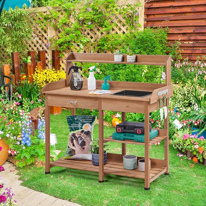 Yaheetech Potting Bench Outdoor Garden Work Bench Station Planting Solid Wood - Image 7
