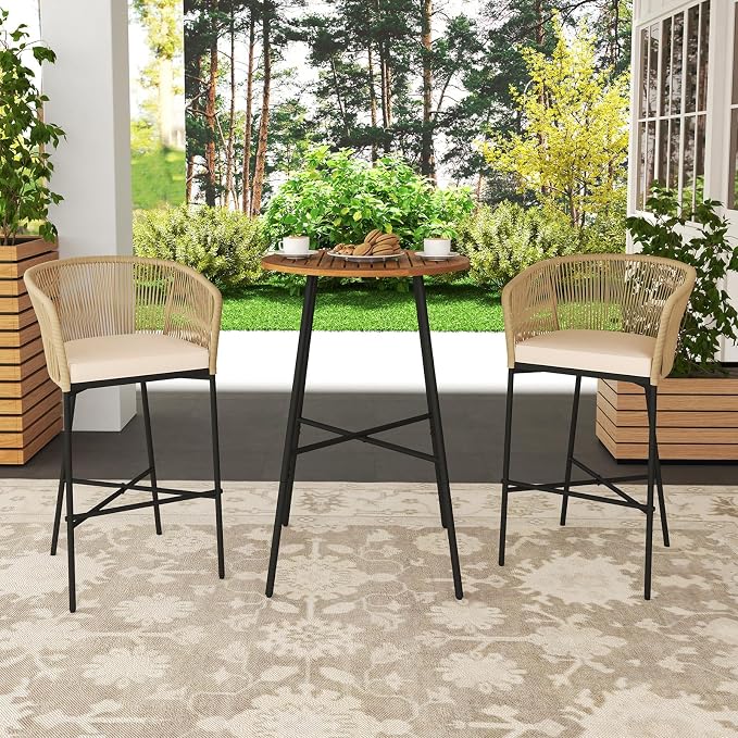 Tangkula 3 Pieces Rope Woven Patio Bar Set, Outdoor High Table and Chairs Set - Image 2