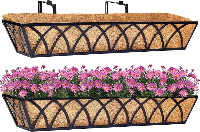 30 Inch Window Deck with Coco Liner Set of 2, Metal Hanging Flower Planter by LAWYAMAI