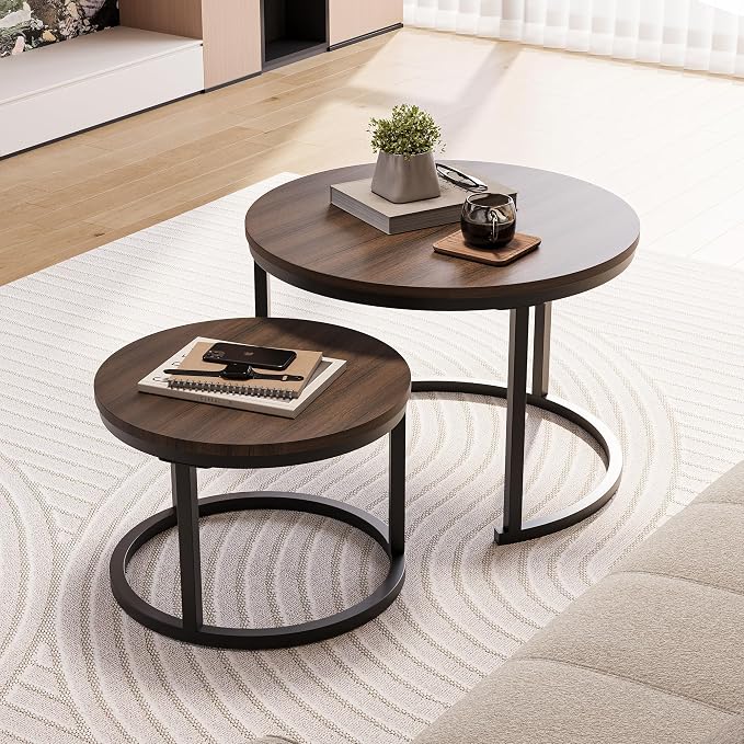 HOJINLINERO Round Coffee Table, Nesting Coffee Table Set of 2, Center Tables - Image 6