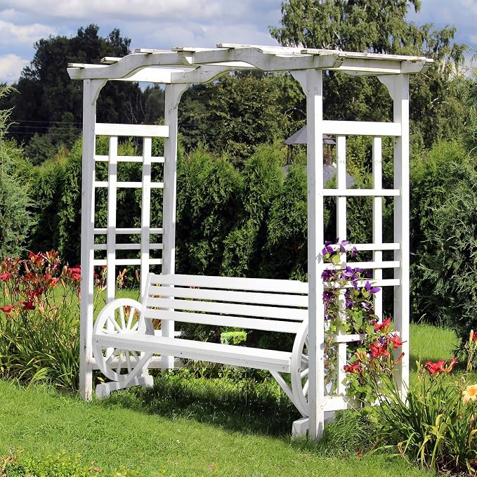 VINGLI Rustic Wooden Wheel Bench Outdoor Bench, Patio Bench Wagon Slatted Seat - Image 7