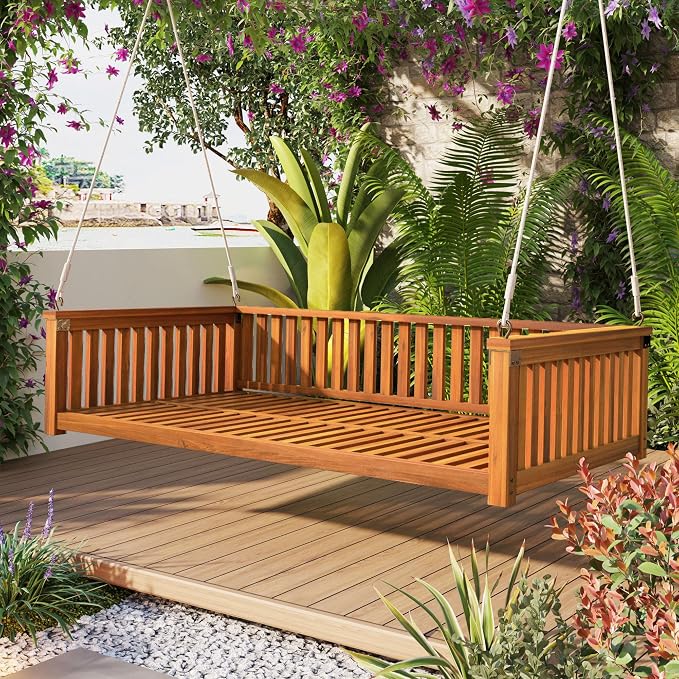 LUMISOL Twin Size Patio Swing Bed, Wooden Porch Swing Frame by LUMISOL