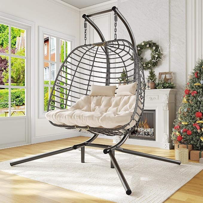 Double Hanging Egg Chair wth Stand, Patio Hammock Swing Chair - Image 8