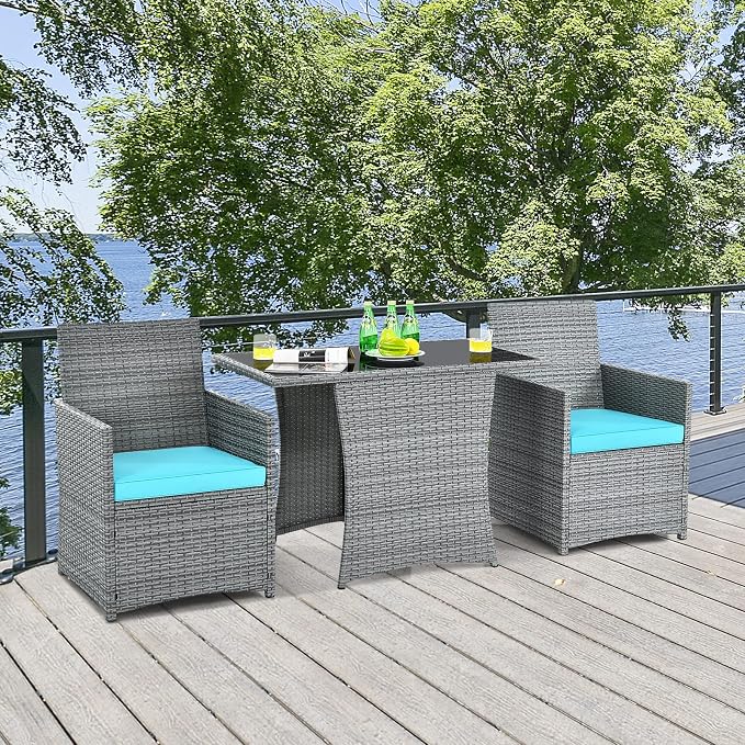 Tangkula 3 Pieces Patio Dining Set, Patiojoy Space-Saving PE Rattan Bistro Set - Image 3