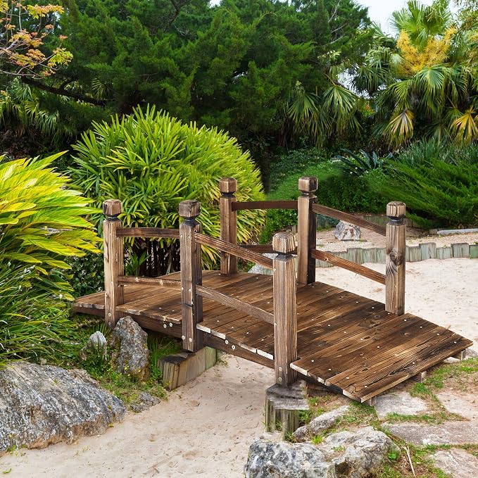 5FT Wooden Garden Bridge Arch Stained Finish Footbridge Decorative Backyard - Image 8