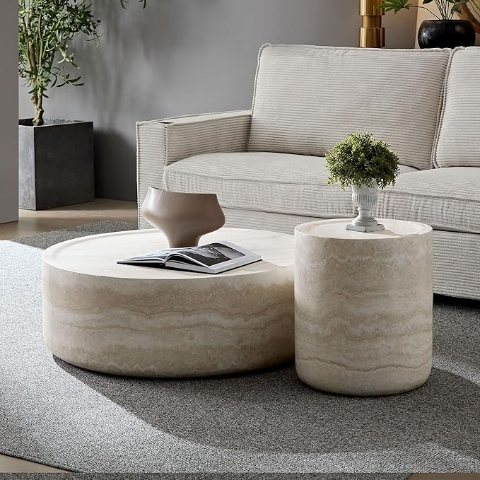 Round Coffee Table for Living Room Circle Coffee Table Faux Marble Pattern - Image 3