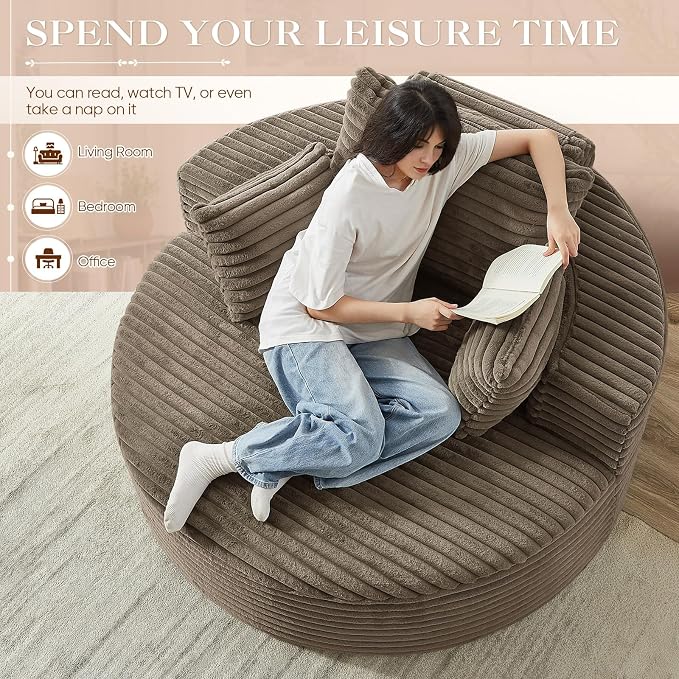 Oversized Round Chaise Longue Chair Indoor, Modern 55-inch Upholstered Corduroy - Image 6