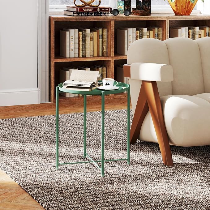 HollyHOME Round Metal Side Table, Outdoor Small Folding Accent Stand - Image 2