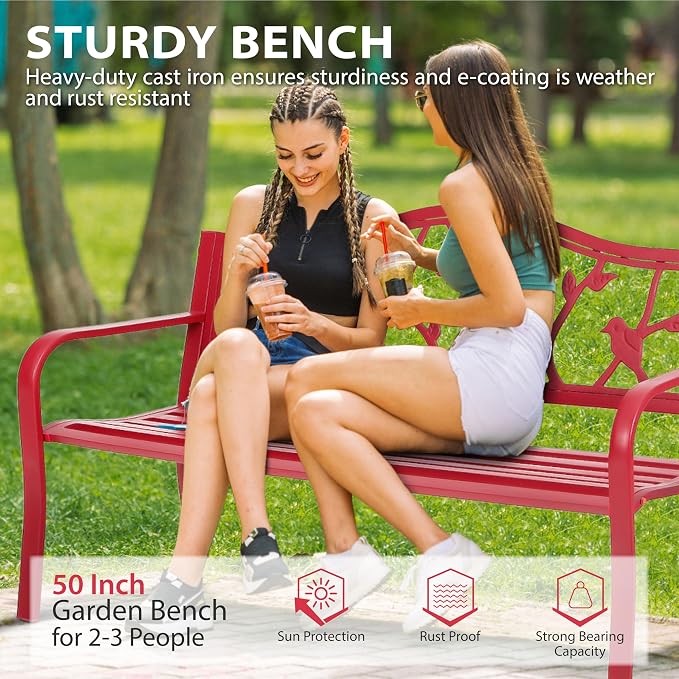 Sophia & William Outdoor Patio Metal Park Bench Red, Steel Frame Bench - Image 6