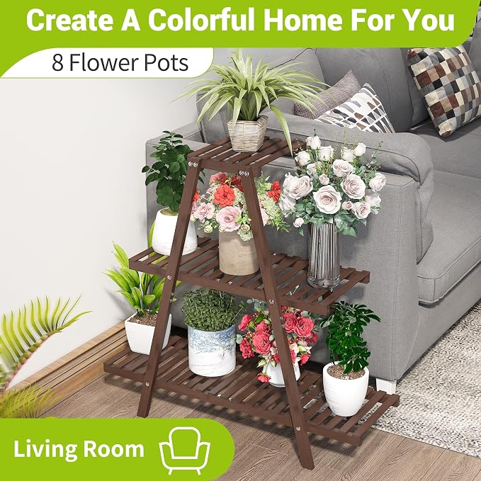BMOSU Plant Stand Bamboo for Indoor Outdoor Tiered Plant Shelf 8 Potted Flower - Image 3