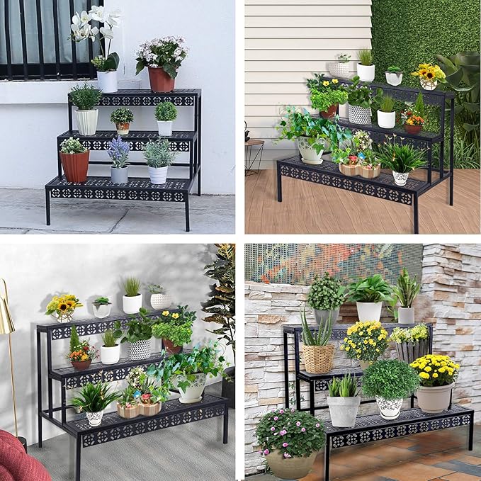 3 Tiers Metal Plant Stand, Rectangular Ladder Flower Pots Outdoor, Indoor Plant - Image 3