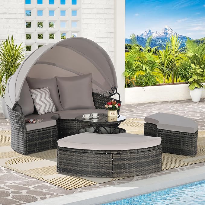 Merax 5 Pieces Outdoor Patio Round Daybed Furniture, All-Weather Wicker - Image 3