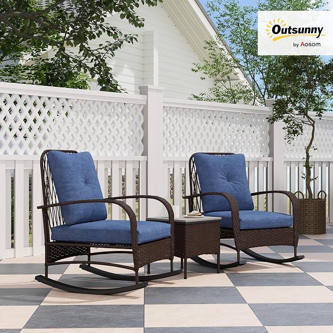 Outsunny 3 Piece Wicker Patio Furniture Set, PE Rattan Rocking Chairs - Image 2