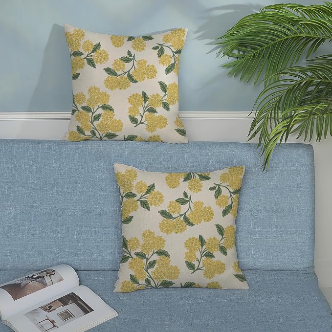 Mustard Yellow Spring Pillow Covers 20x20 Inch 2 Pcs Green Hydrangea Flower - Image 3