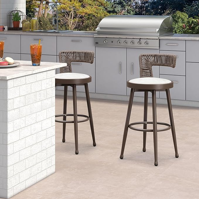 PURPLE LEAF Outdoor Swivel Bar Height Stools Set of 2 Metal Modern Wicker Bar by PURPLELEAF