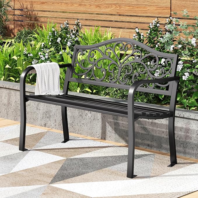 PHI VILLA 43 Inch Cast Iron Steel Frame Outdoor Garden Bench, Patio Furniture by PHIVILLAThepioneerofcomfortablehouseholdsupplies