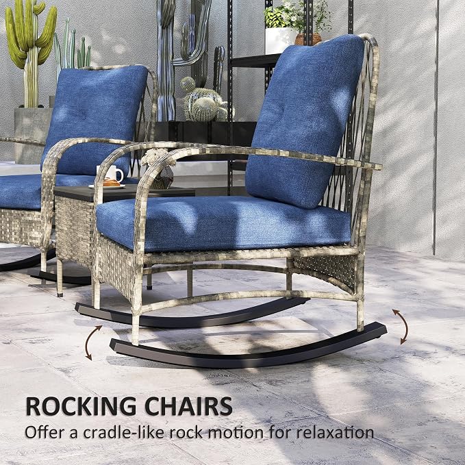 Outsunny 3 Piece Wicker Patio Furniture Set, PE Rattan Rocking Chairs - Image 3