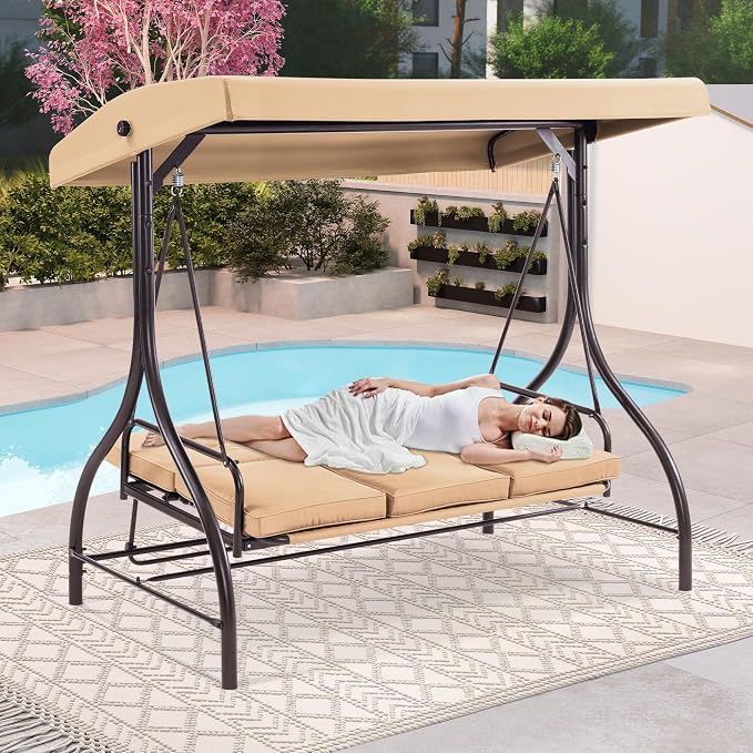 MCombo 3-Seat Outdoor Patio Swing Chair, 2-in-1 Convertible Porch Swing Glider - Image 3