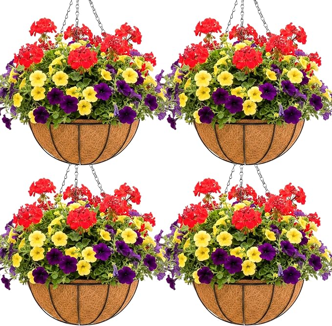 12 inch Metal Hanging Baskets For Plants Outdoor 4 Pack Round Metal Wire by JFFLYIT