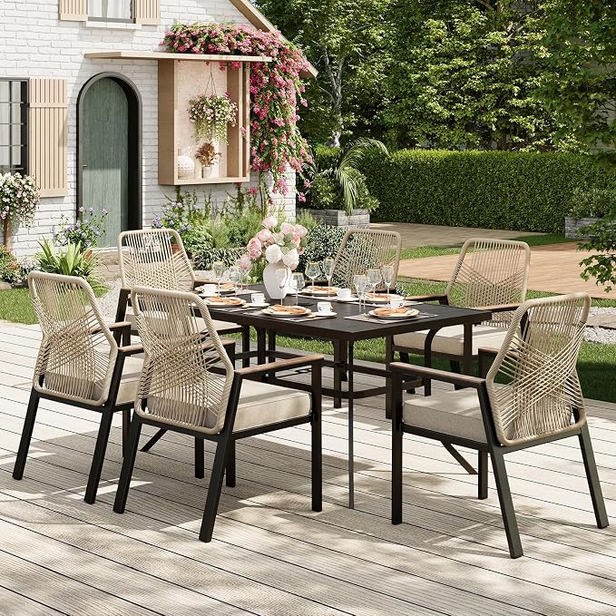 7 Pieces Outdoor Dining Set for 6, Patio Dining Set Wicker Rattan Chairs by MIXPATIO
