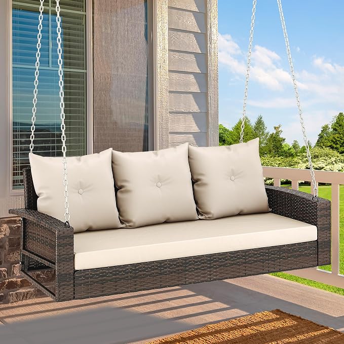 YITAHOME 3-Seats Wicker Hanging Porch Swing Chair Outdoor Gray Rattan Patio - Image 7