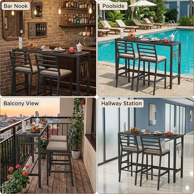 3Pcs Outdoor Patio Bar Set, Metal Pub Height Bistro Table Set - Image 5