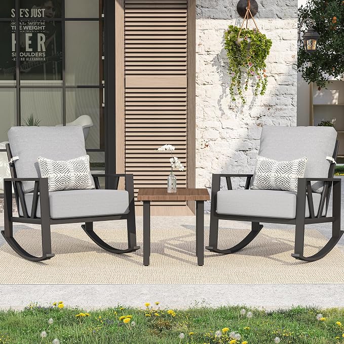 Outdoor Patio Rocking Chairs Set of 2, 3 Pieces Patio Porch Furniture Set by COMLAXFIELD