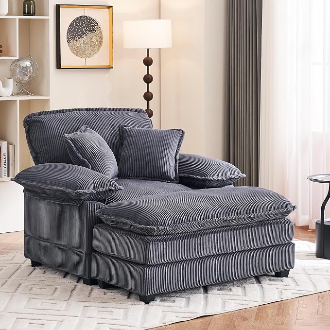 46.9" W Oversized Chair with Ottoman, Corduroy Upholstered Chaise Lounge Chair by ZXDesign