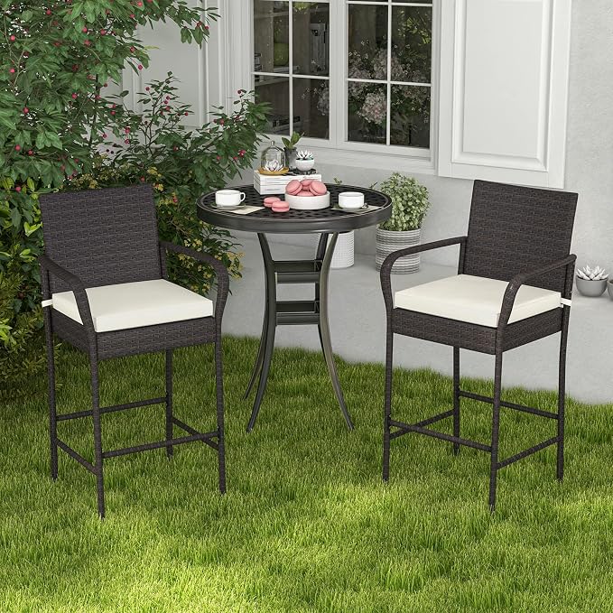 Tangkula Patio Wicker Barstools Set of 2, Outdoor PE Rattan Bar Chairs - Image 3