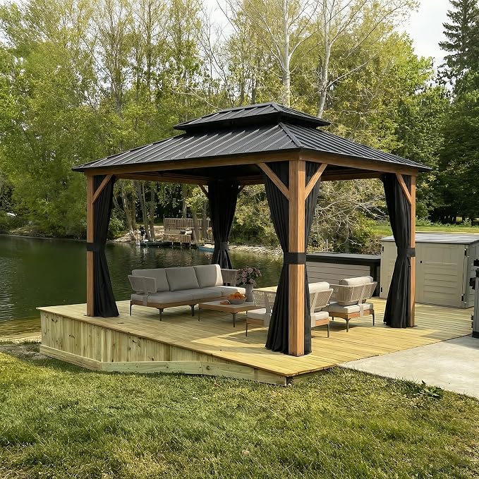 PURPLE LEAF 8' X 10' Hardtop Gazebo Outdoor Wood Grain Aluminum Frame by PURPLELEAF