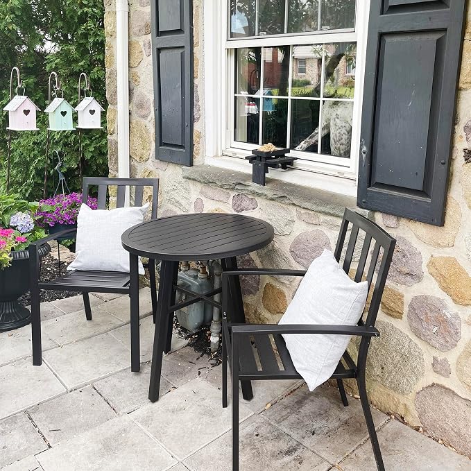 PHI VILLA 3 Piece Outdoor Patio Bistro Dining Set, Slatted Metal Round Table & - Image 2