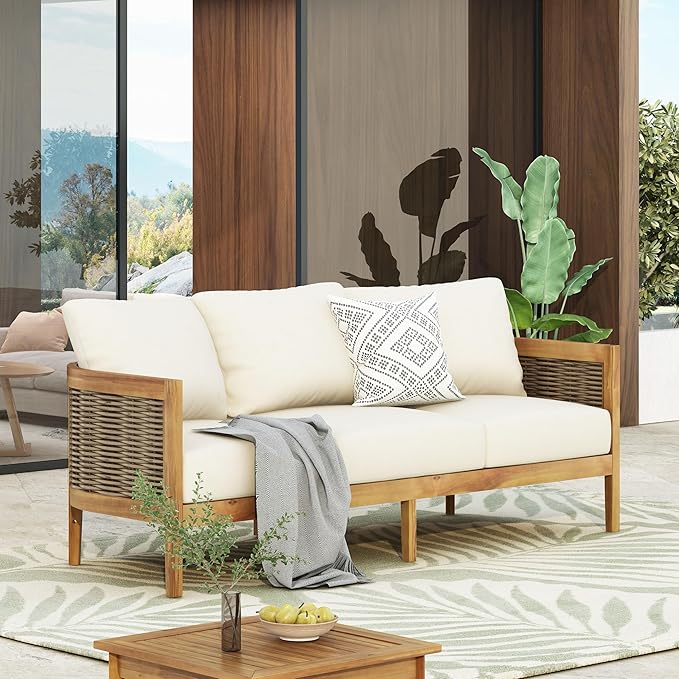 Merax 76.5" Outdoor Acacia Wood Wicker 3 Seater Sofa, Patio Furniture Couch - Image 3