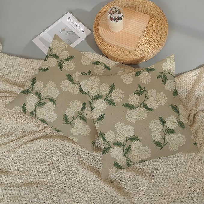 Beige Spring Pillow Covers 18x18 Inch 2 Pcs Khaki Green Hydrangea Flower Decor - Image 5