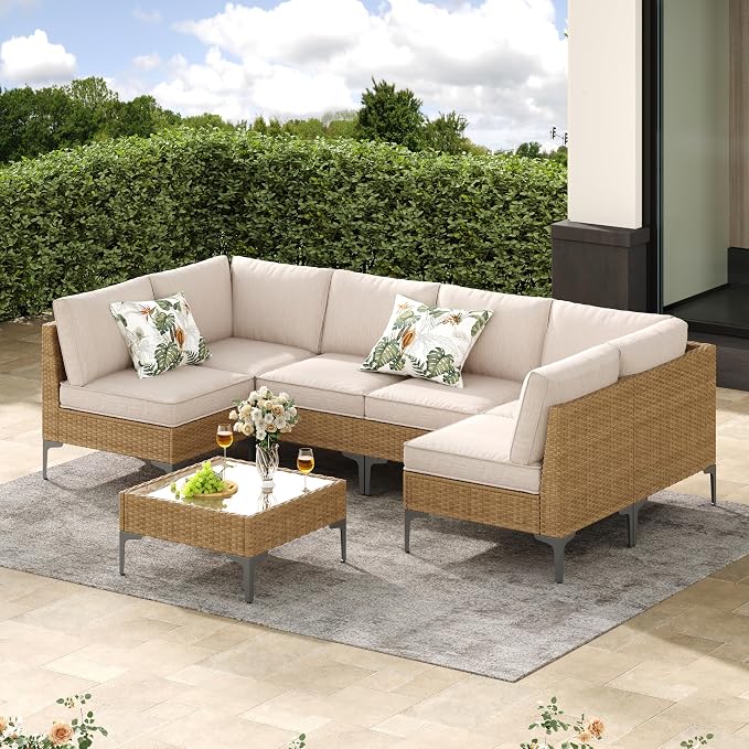 Jing's Villa 7-Piece Outdoor Patio Furniture Set, Ratten Conversation Sectional by JingsVillaOutdoorFurniture