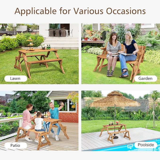 GYMAX Picnic Table, 2 in 1 Convertible Picnic Bench Table Set, Transforming - Image 9