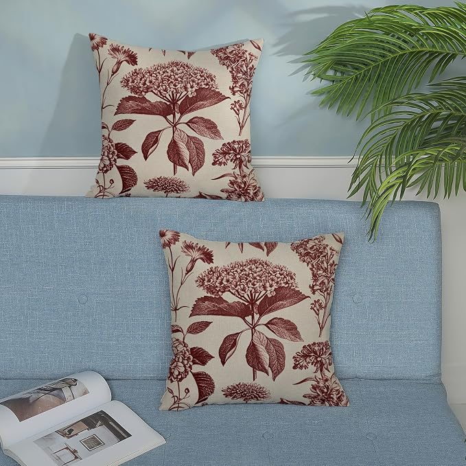 Burgundy Red Pillow Covers 18x18 Inch 2 Pcs Boho Vintage Floral Decor Throw - Image 3