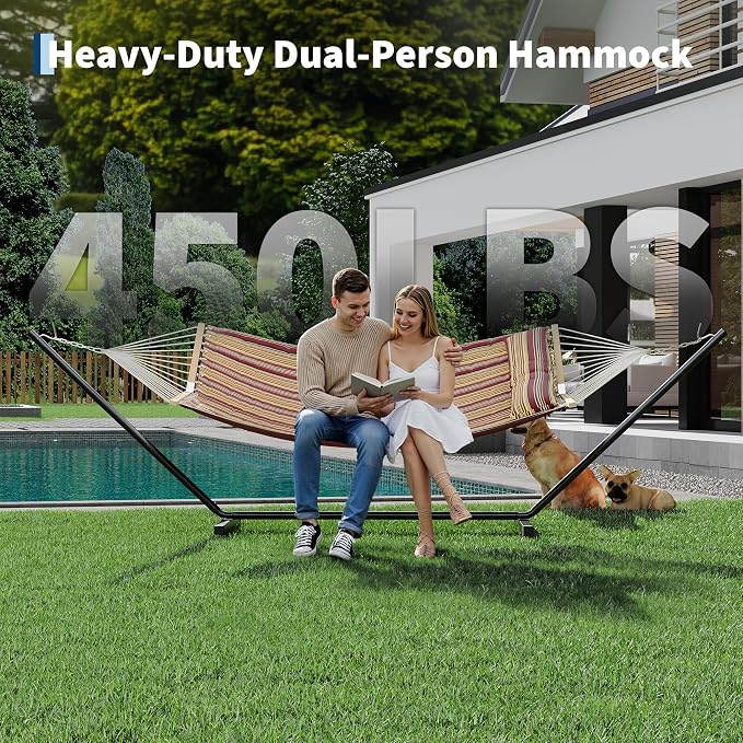 2 Person Double Hammock with Adjustable Steel Stand & Pillow, Heavy Duty - Image 5
