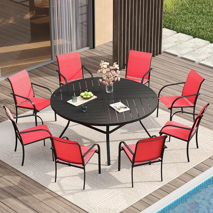 VICLLAX Patio Table and Chair Set of 8, All Weather Metal Round Outdoor Dining by HOME