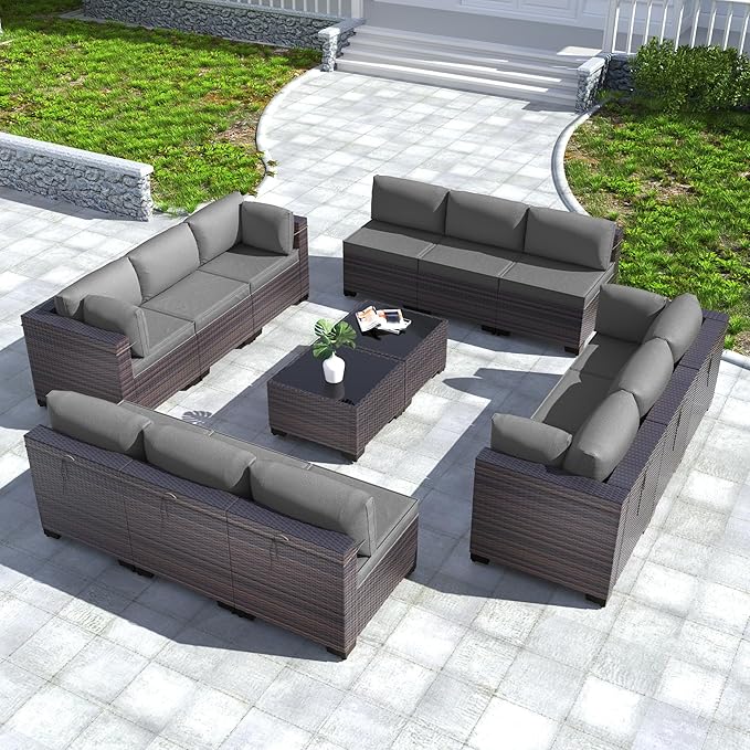 Kullavik 14 Pieces Outdoor Patio Furniture Set PE Wicker Rattan Sectional Sofa by KULLAVIK